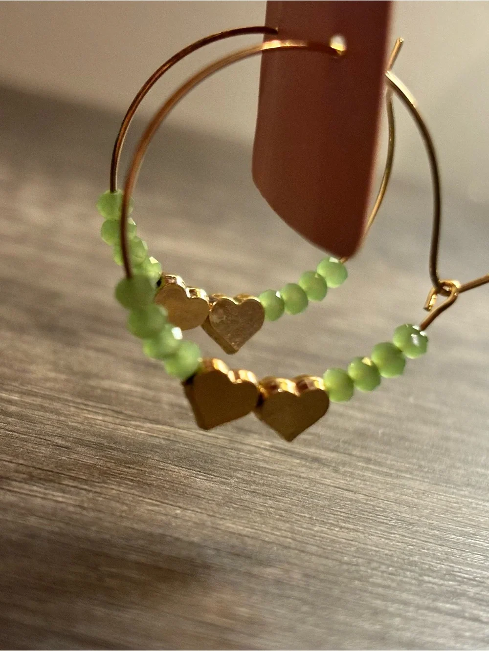 Green Bead & Gold Heart Children Hoop Earrings